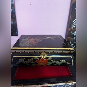 Antique Hand Painted Black Asian Jewelry Box Solid Wood Slide Drawer Mirror